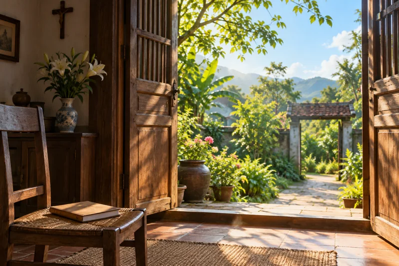 Cánh cửa gỗ mở ra khu vườn Việt Nam trong ánh sáng ban mai.