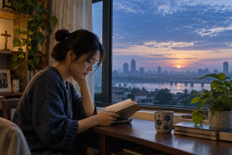Người đọc sách bên cửa sổ trước bình minh; bầu trời là bối cảnh câu hỏi, không phải bằng chứng tôn giáo.