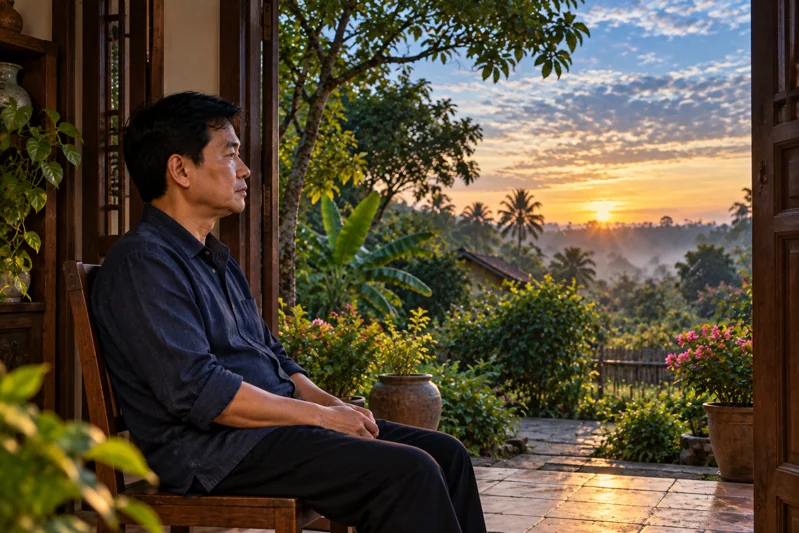 Người đàn ông ngồi thinh lặng, ánh sáng ngoài vườn đang lên.