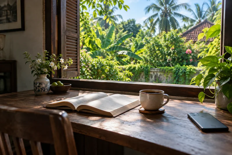 Cửa sổ đã sáng hơn, điện thoại được đặt xuống bên trang sách.