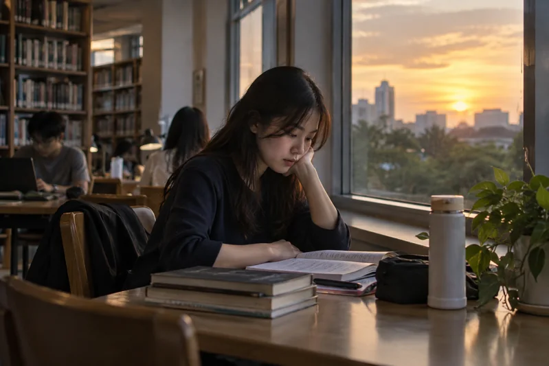 Người trẻ ở góc thư viện đại học vào chiều muộn.