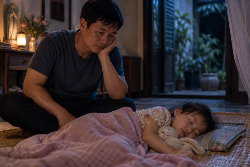 Người cha nhìn con nhỏ ba–bốn tuổi ngủ trên chiếu.
