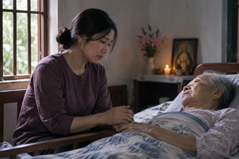 Bàn tay người thân được nắm trong căn phòng tĩnh; không dựng linh hồn bay khỏi xác.