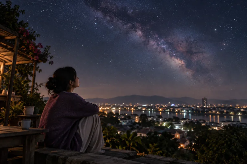 Người nhìn dải Ngân Hà ngoài đô thị; không đặt thiên đàng lên bản đồ vũ trụ.