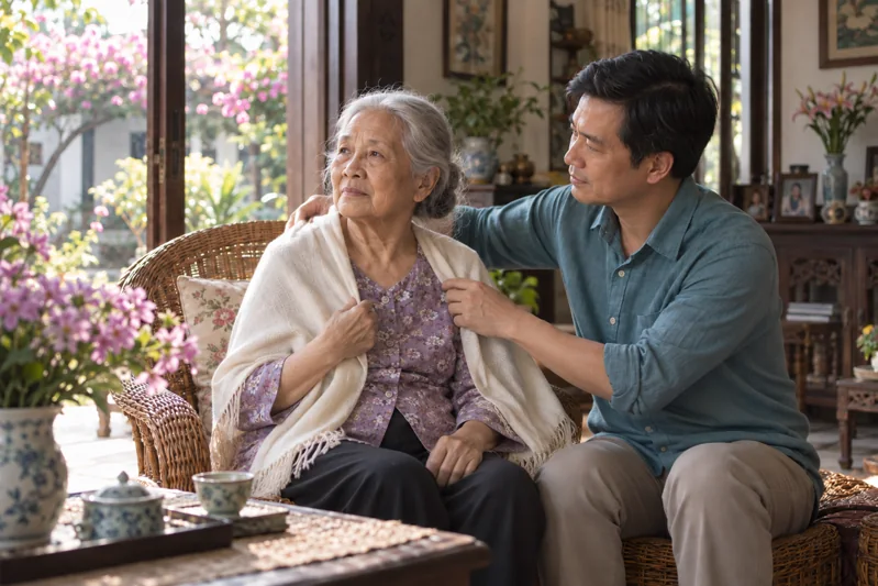 Người con trai giúp mẹ chỉnh chiếc khăn và ngồi thoải mái.