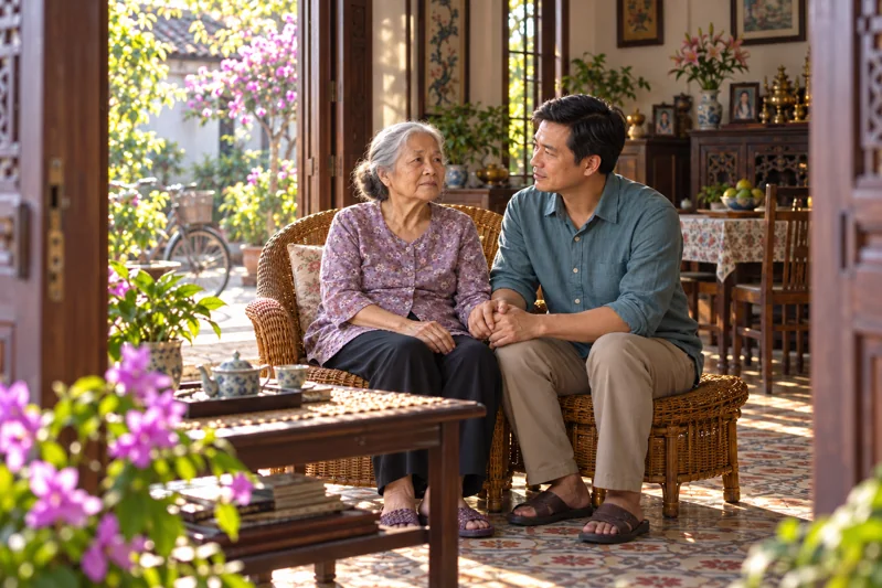 Bà Năm ngồi cạnh người con trai trong căn nhà có ánh sáng dịu.