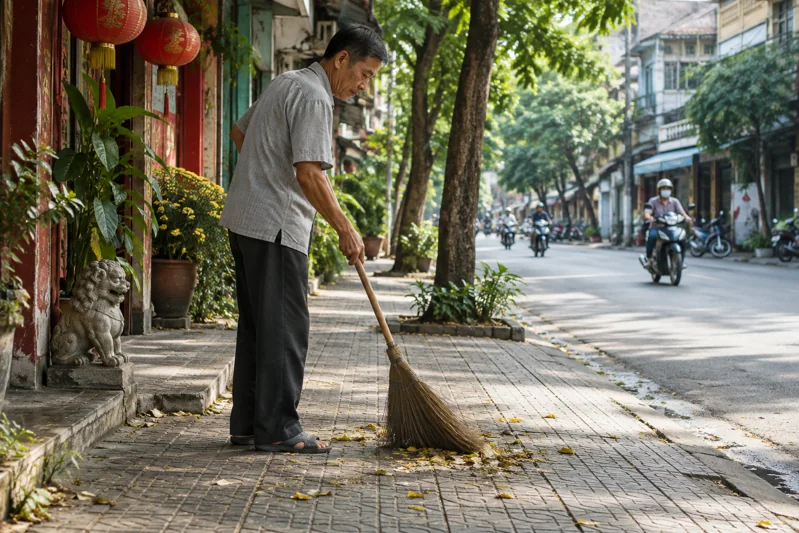 Ông hàng xóm người Hoa quét cả đoạn vỉa hè; giữ đúng căn tính trong sách.