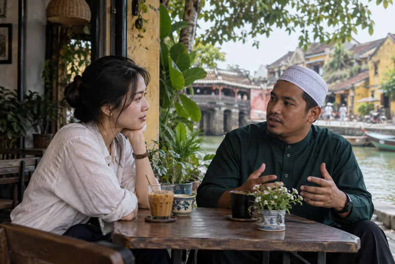 Trò chuyện cà phê với người bạn Hồi giáo Malaysia; tôn trọng căn tính.