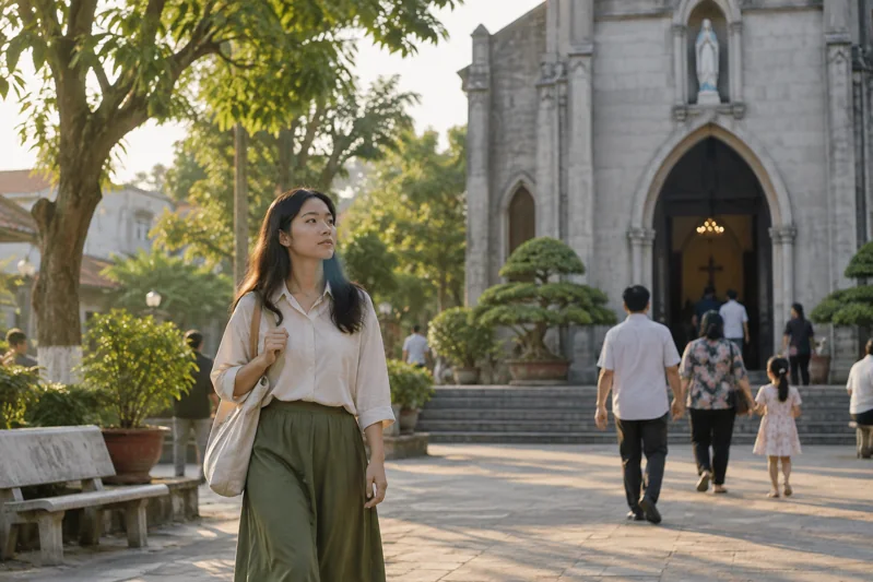 Người bước qua sân nhà thờ, sắc xanh mới; không ngụ ý ảnh chứng minh ơn tha thứ.