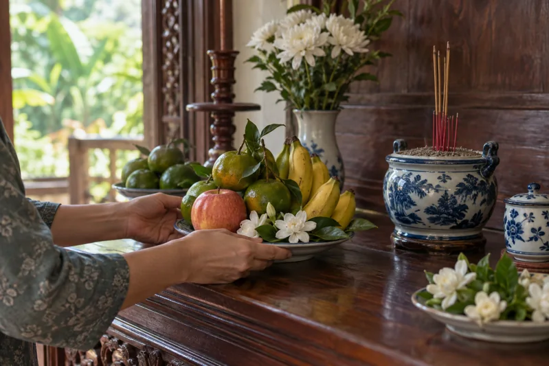 Hoa và trái cây được chuẩn bị để tưởng nhớ ông bà.