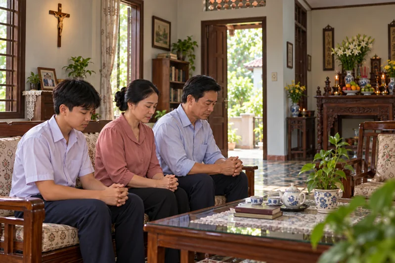 Gia đình cùng ngồi cầu nguyện, bàn thờ gia tiên ở một góc riêng trong nhà.