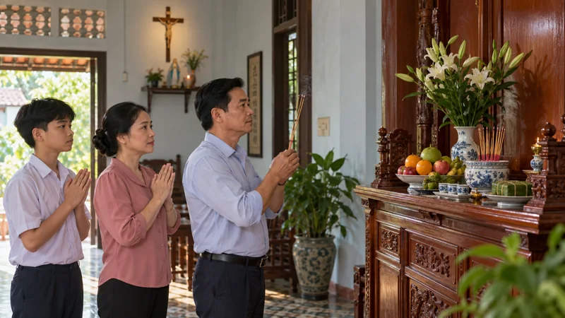 Gia đình Việt tưởng nhớ ông bà bên bàn thờ gia tiên.