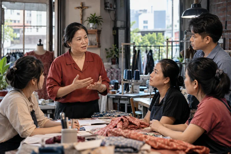 Chủ cơ sở kinh doanh đối thoại tôn trọng với người lao động; cảnh diễn giải chủ đề.