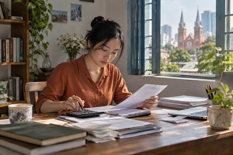 Bàn làm việc và sổ sách minh bạch; không quy hành vi gian dối cho người thật.