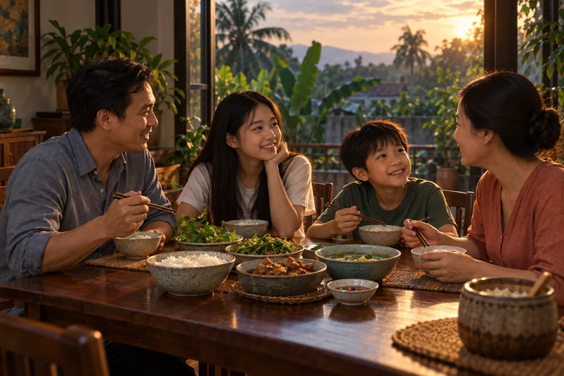 Gia đình Việt nhìn nhau và trò chuyện trong bữa cơm.