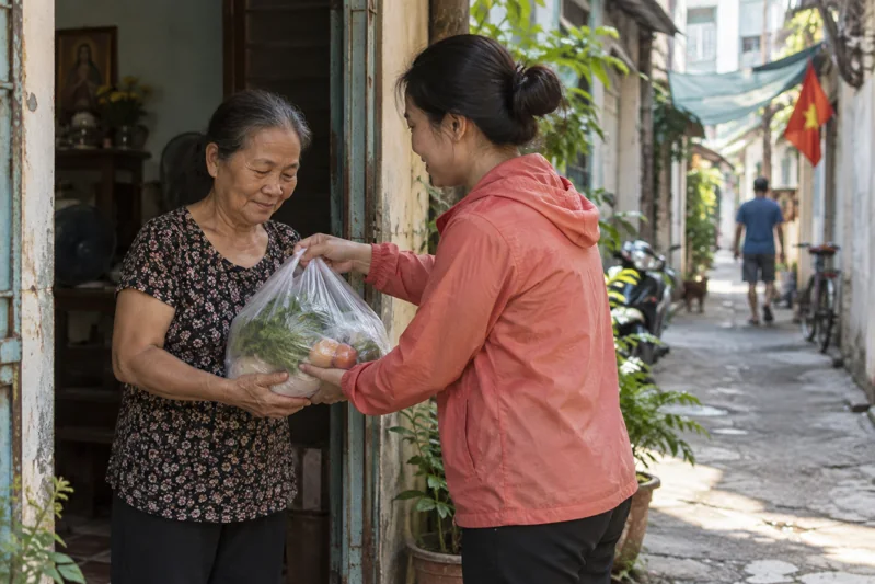 Người hàng xóm giúp đỡ người khác; không dùng vẻ ngoài phân biệt người tốt/xấu.