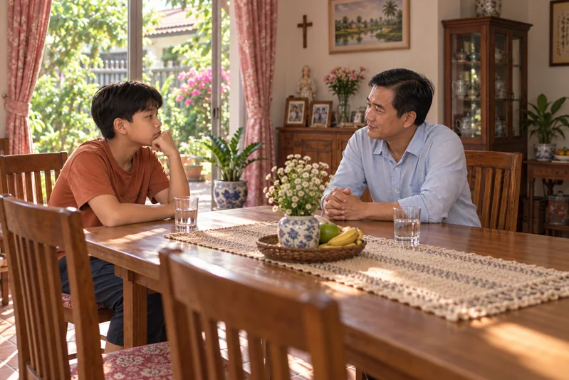 Người cha và con trai mười ba tuổi cùng ngồi bên bàn, mở đầu một cuộc trò chuyện.