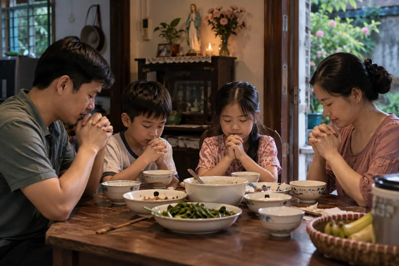 Gia đình cầu nguyện ngắn sau bữa cơm, có sự vụng về tự nhiên như bài kể.