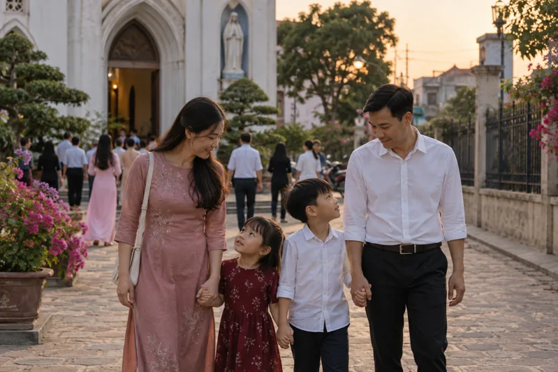 Gia đình đi bộ sau lễ hoặc ăn cơm không điện thoại.