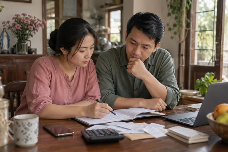 Vợ chồng cùng xem sổ chi tiêu, tư thế ngang hàng; không đổ lỗi giới tính.