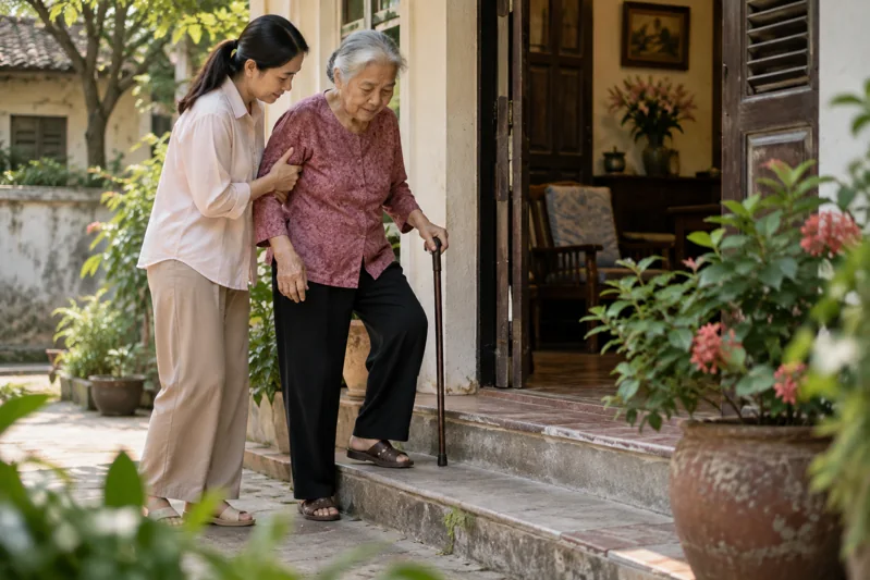 Người con đưa mẹ khoảng bảy mươi tuổi qua bậc thềm; chăm sóc và nghỉ ngơi.