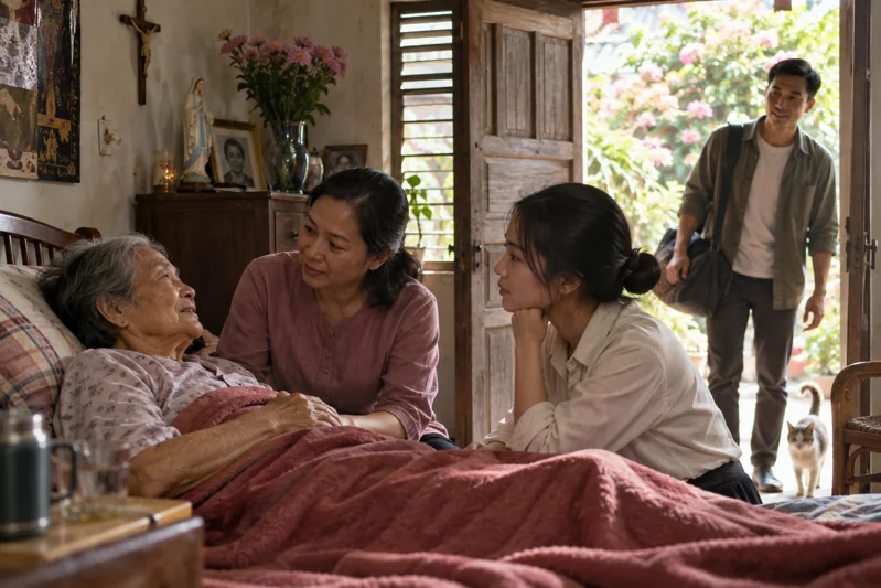 Cuộc trò chuyện bên giường cụ Năm; hình kết cánh cửa đón sáng gợi sự trở về.