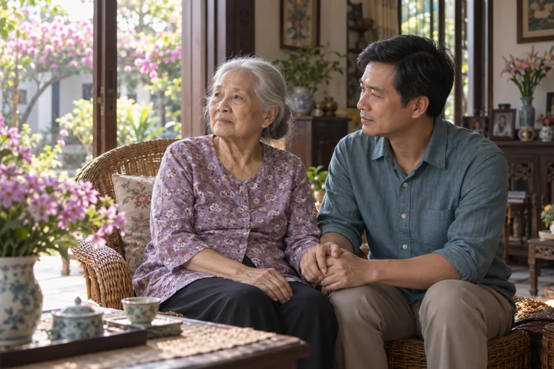 Người con trai ngồi cạnh mẹ già, nhẹ nhàng nắm tay bà.