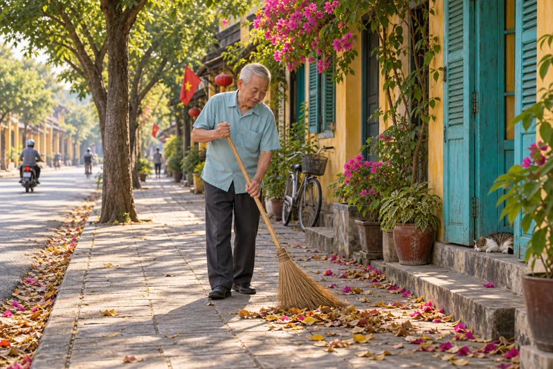 Ông hàng xóm người Hoa quét lá trên vỉa hè của cả đoạn phố.