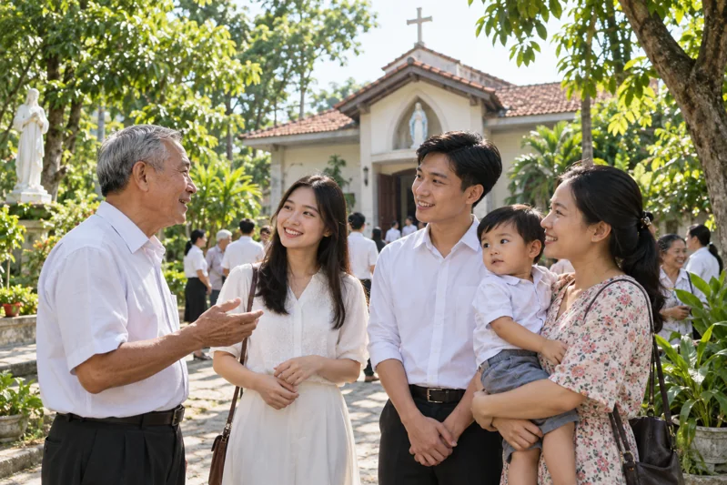 Những người trong cộng đoàn Việt gặp gỡ nhau ở sân nhà thờ.