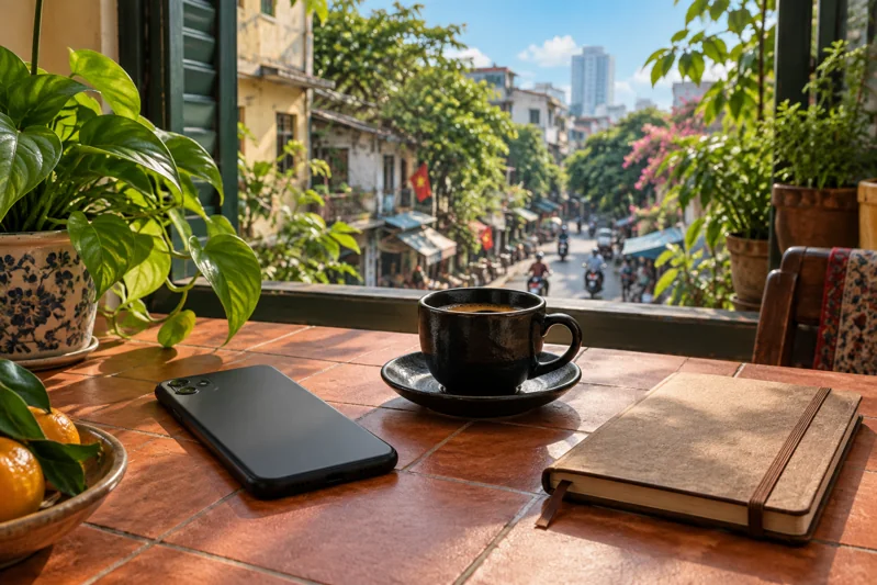 Điện thoại đặt úp bên ly cà phê, nhìn ra phố Việt.